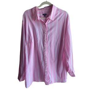 Talbots Cotton Button Front Shirt- Pink Azalea Stripe- Size 2X